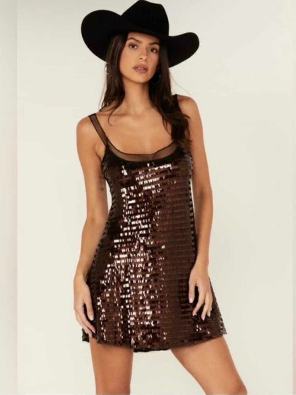 Free People Disco Fever Mini Slip dress in Black with brown sequin- NWT:XS